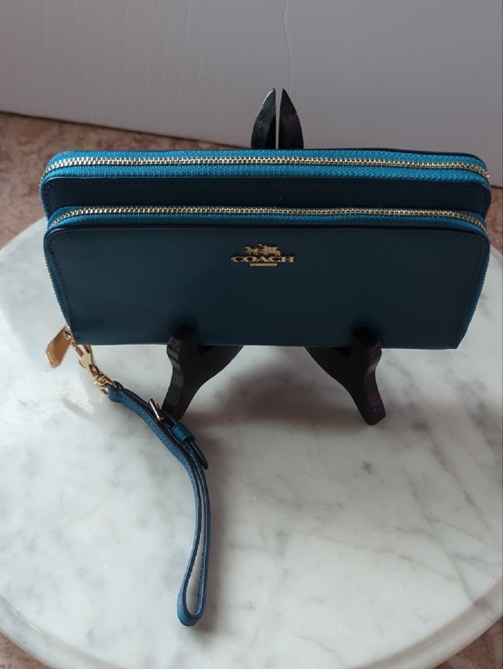 Coach Teal Zip-Around Wristlet Wallet - Picture 4 of 17